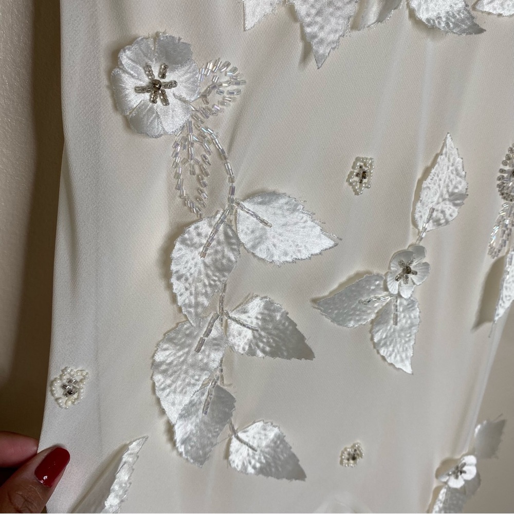 SOLD-VINTAGE XSCAPE BEADED FLORAL APPLIQUÉ FAIRY DRESS WITH SHARKBITE HEM - Picture 9 of 16